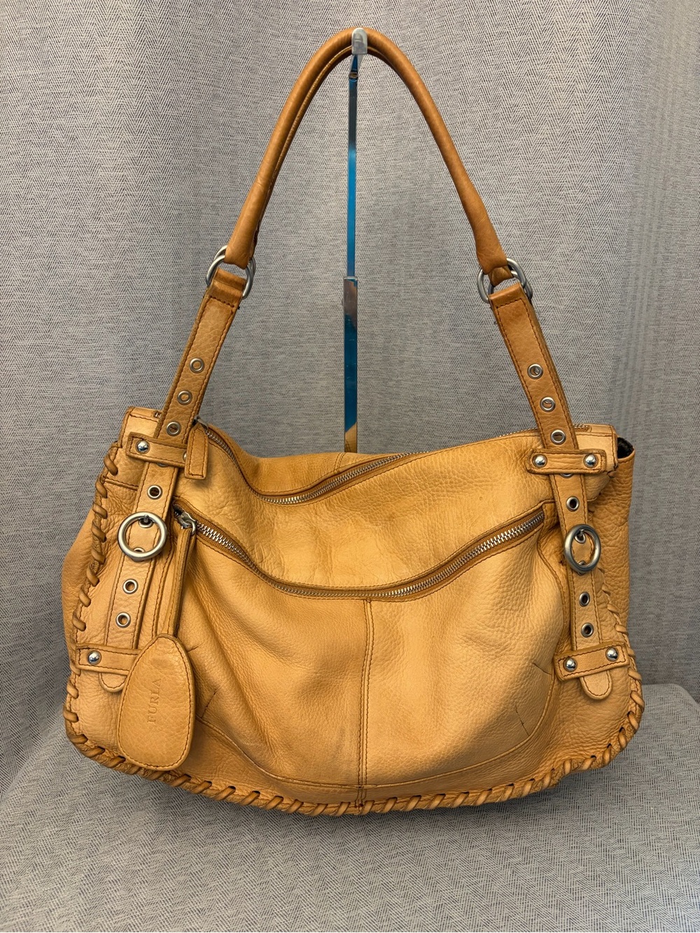 Honey Tan soft Leather Shoulder Slouchy Bag - Braided Edge, Silver Tone Hardware